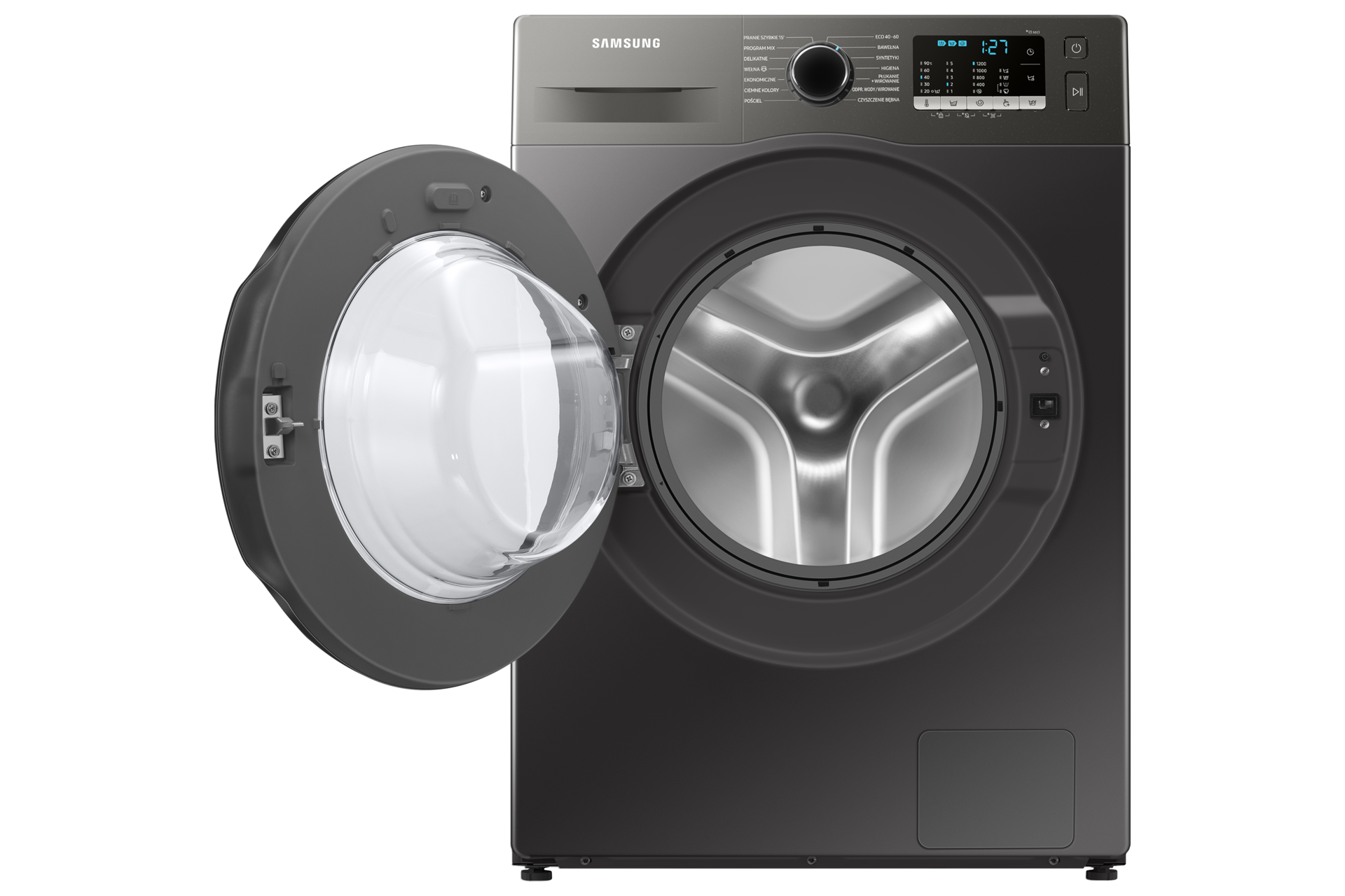 Widok na przód otwartej pralki Samsung Slim WW80AA126AX wyposażonej w silnik Digital Inverter