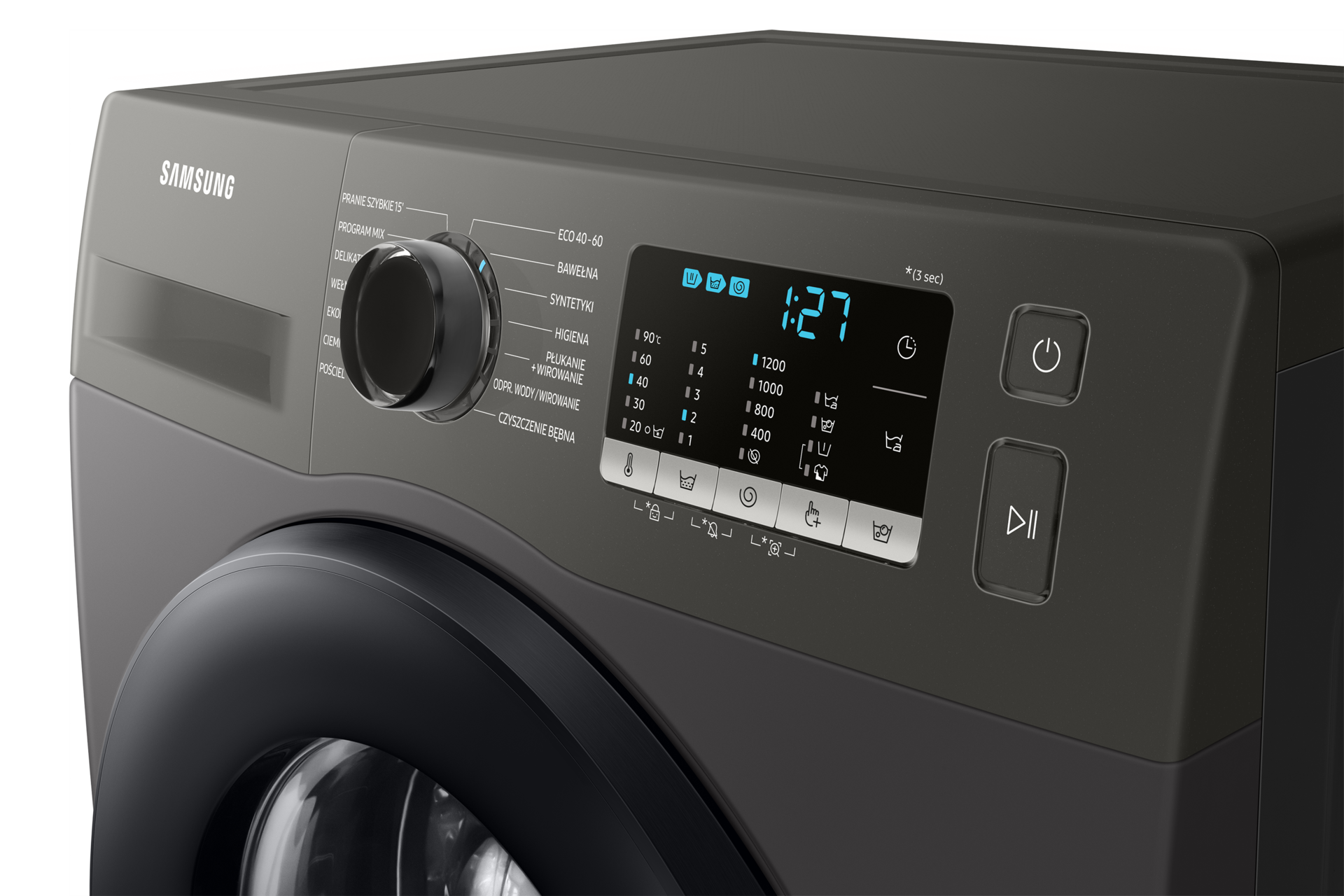 Zbliżenie góry pralki Samsung Slim WW80AA126AX z widokiem na panel sterowanie pod kątem z prawej