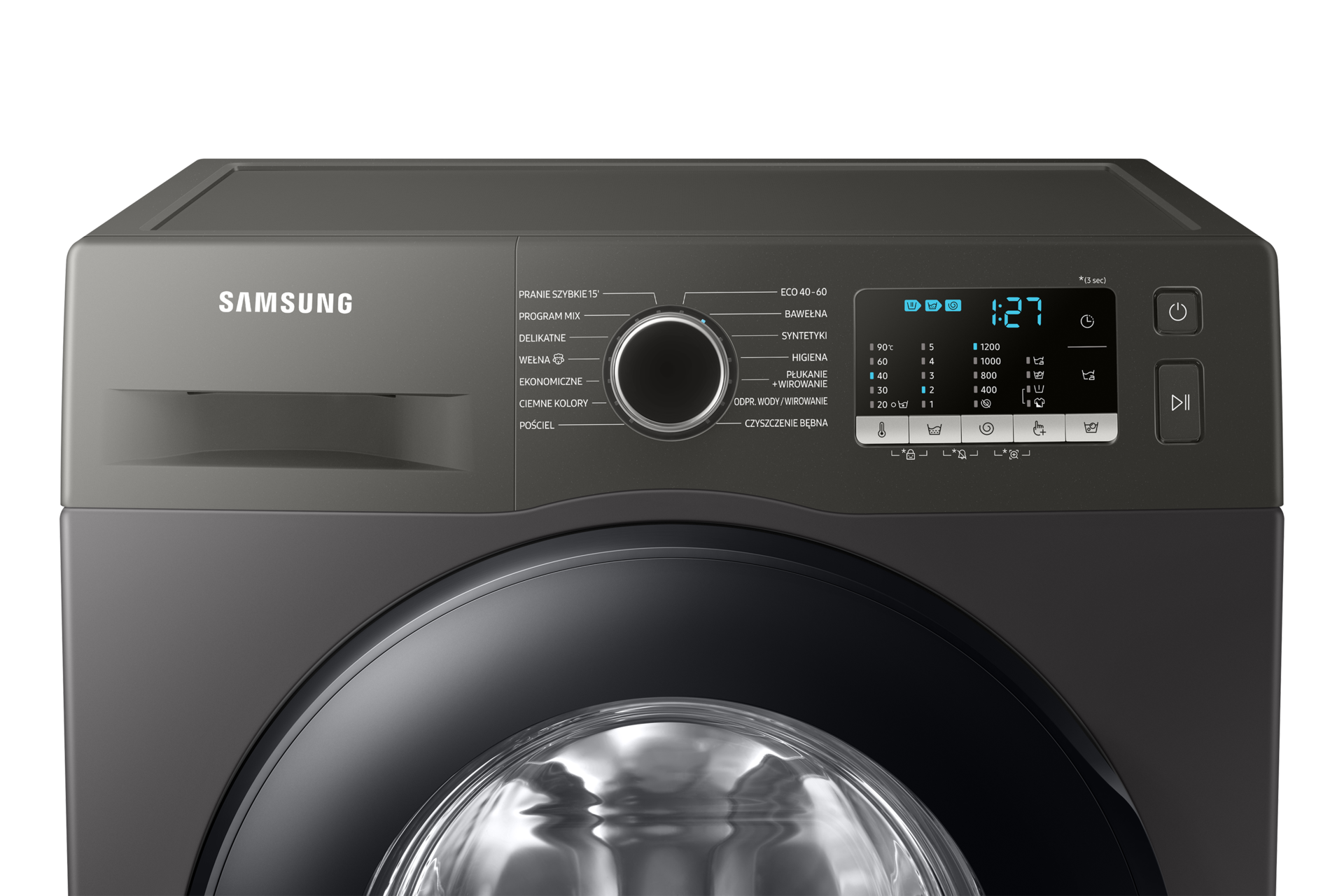 Pralka Samsung Slim WW80AA126AX posiadająca silnik Digital Inverter, technologię EcoBubble™ oraz programy parowe - widok górnej połowy