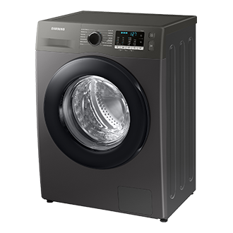 Pralka Samsung Slim WW80AA126AX w kolorze inox ukazana z lewej strony pod kątem posiadająca bęben o ładowności 8kg