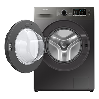 Widok na przód otwartej pralki Samsung Slim WW80AA126AX wyposażonej w silnik Digital Inverter