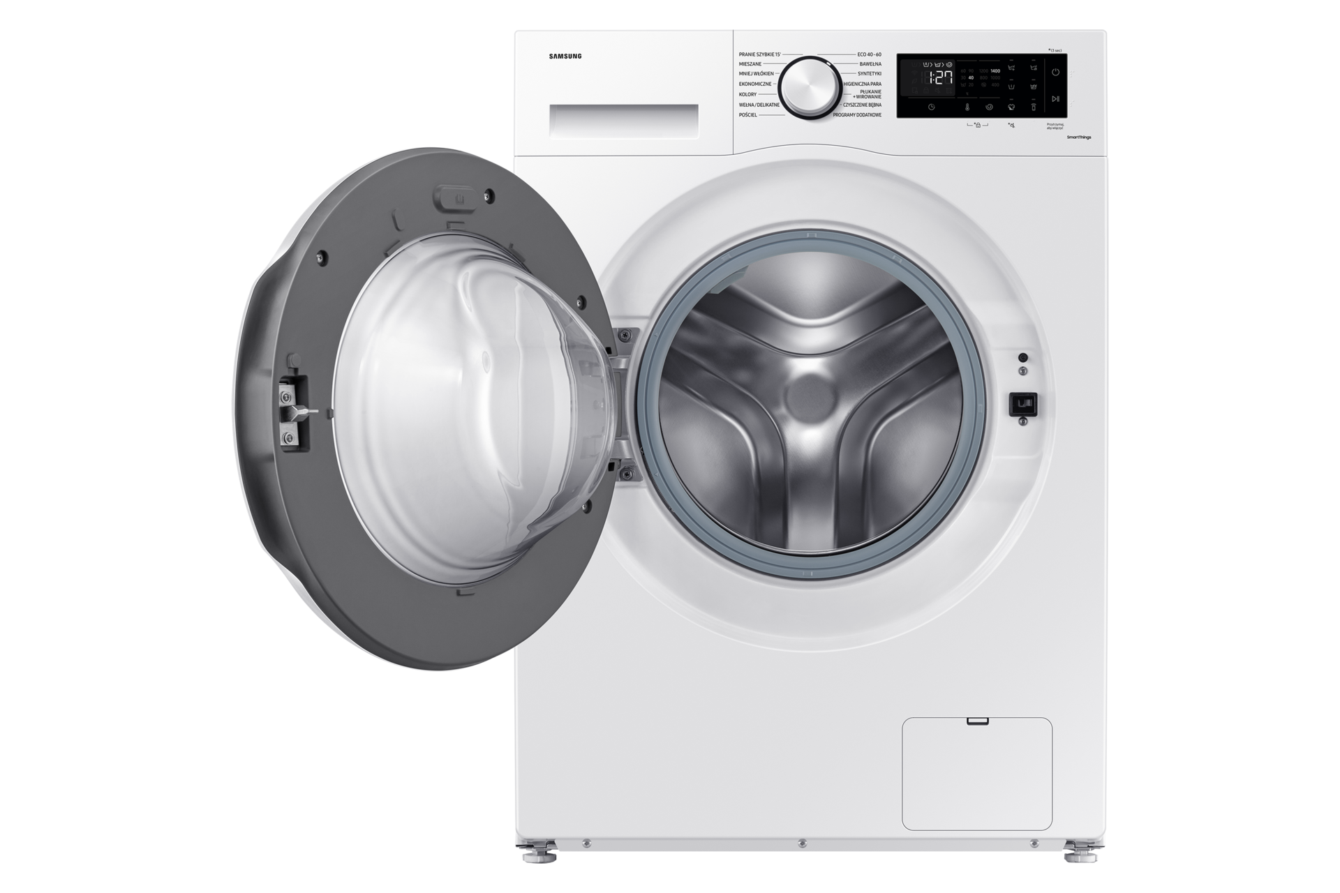 Biała pralka EcoBubble™ WW80CGC04DTE widziana przodem z otwartymi drzwiami