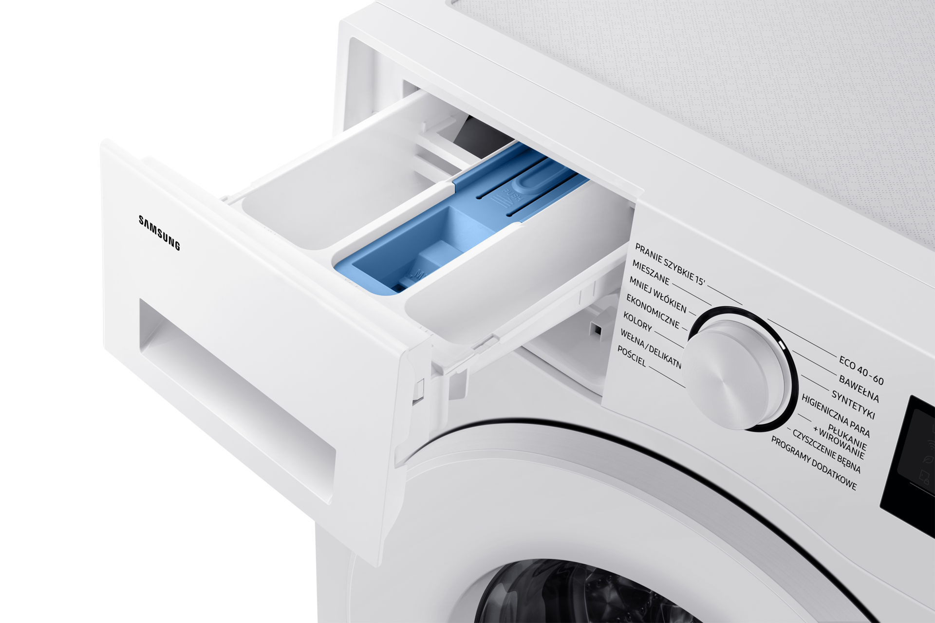 Biała pralka EcoBubble™ WW80CGC04DTE - zbliżenie na otwartą szufladę dozownika