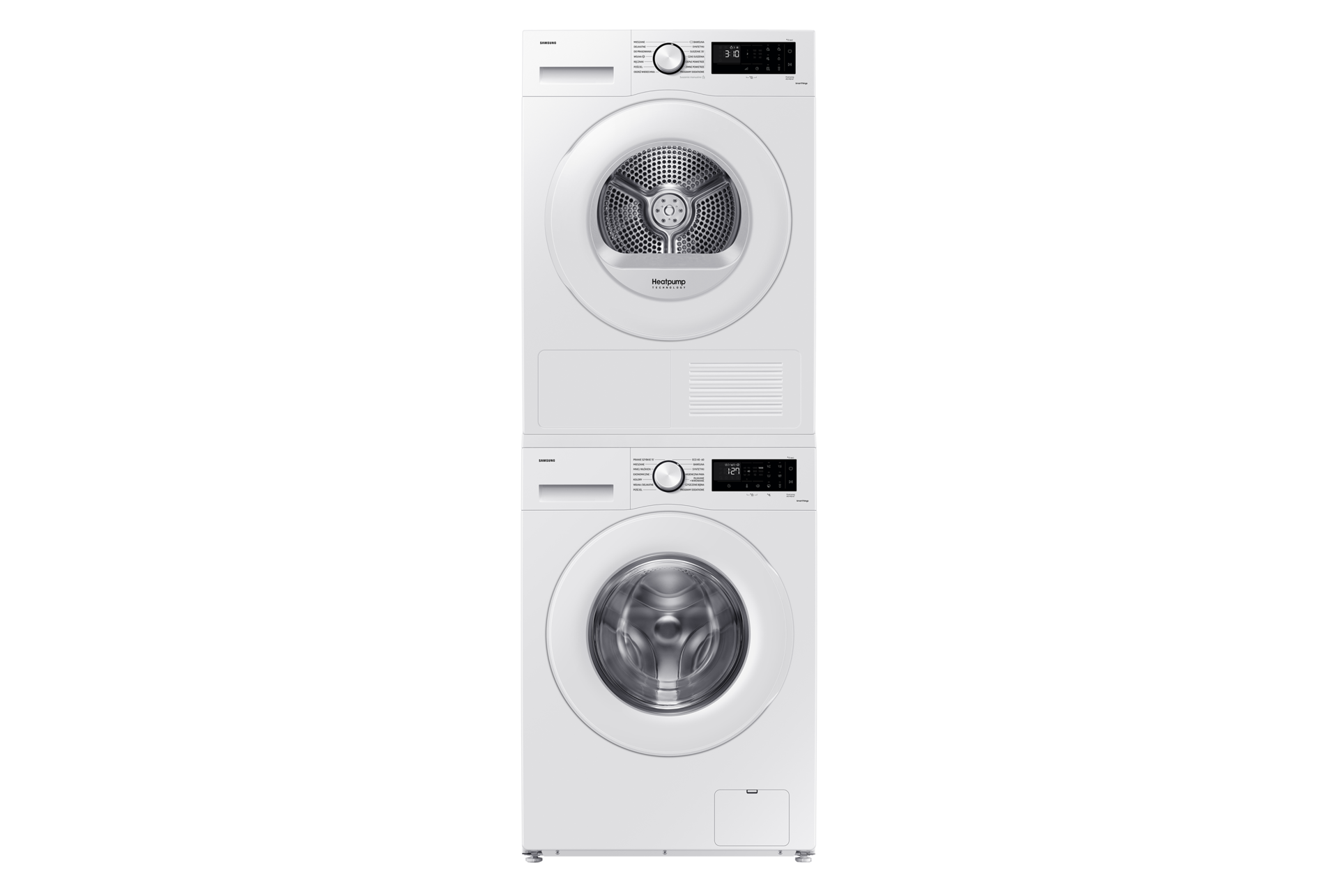 Biała pralka EcoBubble™ WW80CGC04DTE stojąca pod białą suszarką do prania Samsung