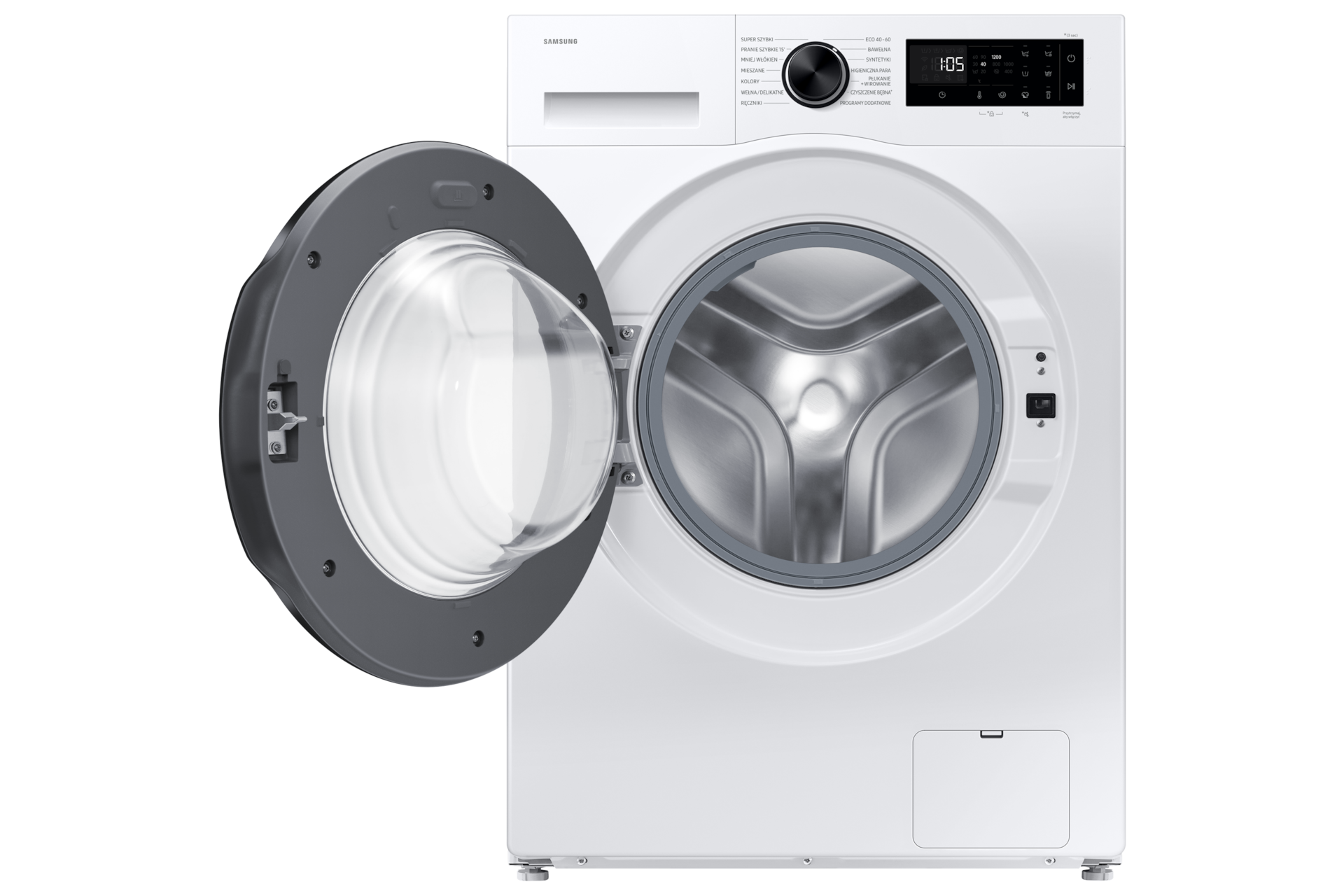 WW80FG5L32AEEO Pralka AI z technologią EcoBubble™ Slim 8kg widok z otwartymi drzwiczkami