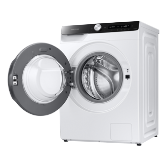 Widok pod kątem z lewej na otwartą pralkę Samsung EcoBubble™ WW80T504DAE