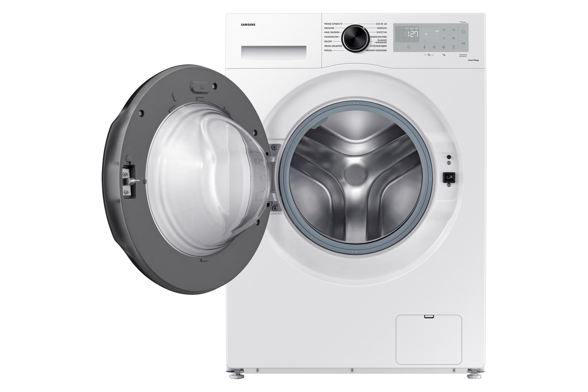 Biała pralka EcoBubble™ WW90CGC04DAEEO widziana przodem z otwartymi drzwiami