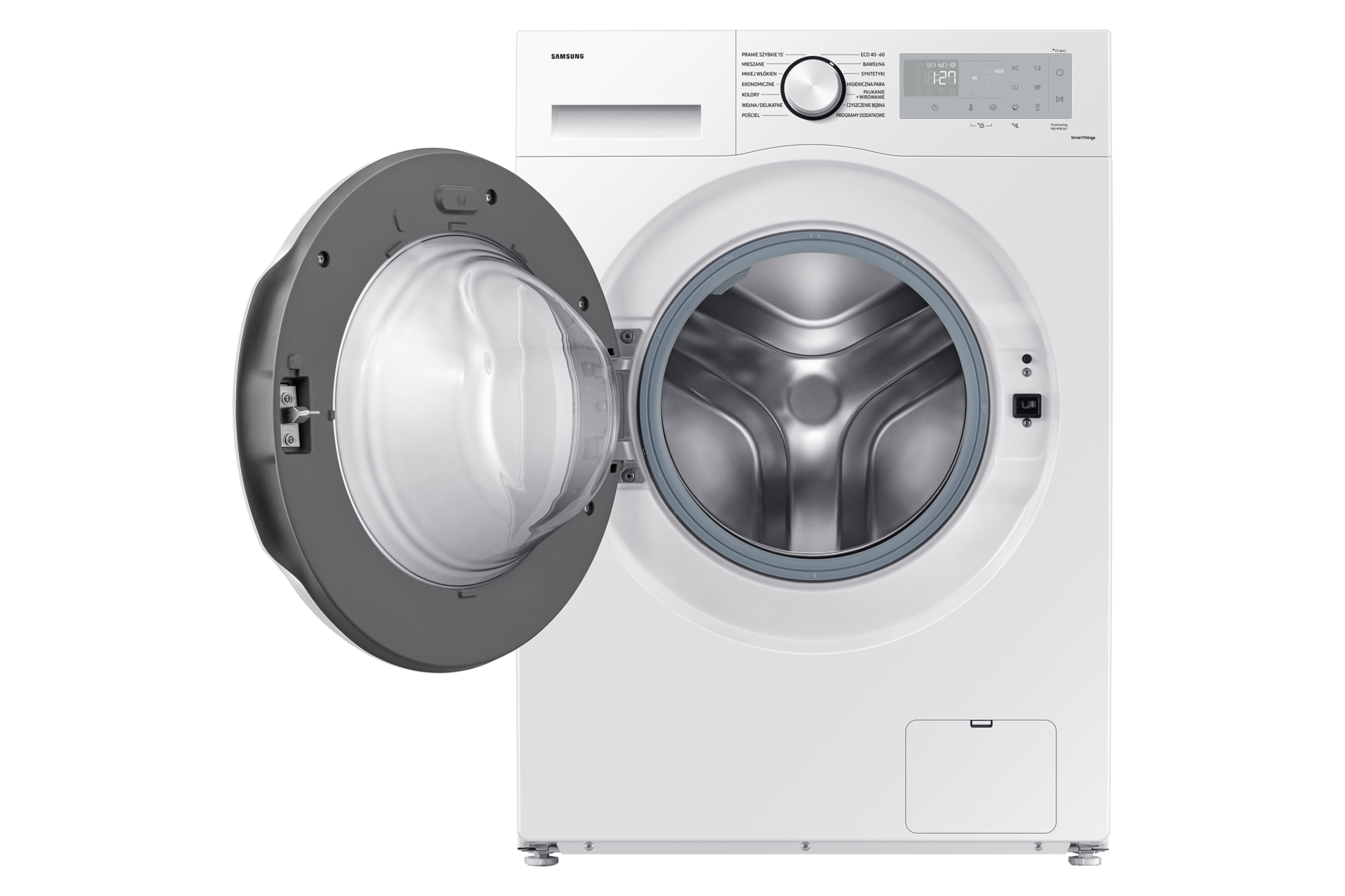 Biała pralka EcoBubble™ WW90CGC04DTHEO widziana przodem z otwartymi drzwiami