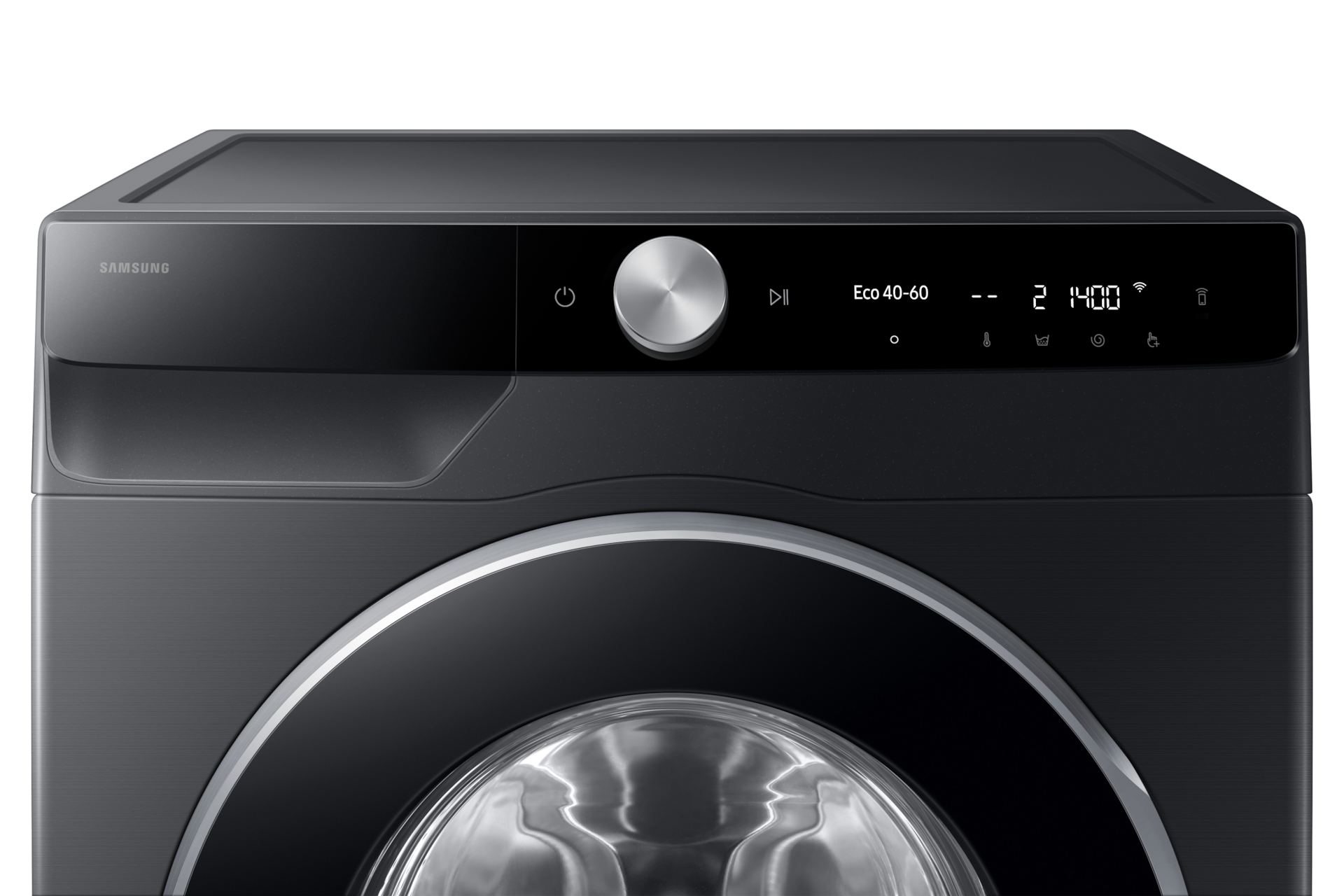 Panel sterowania pralki Samsung Slim AI EcoBubble™ WW90DG6G94LBU4 z wyświetlaczem i pokrętłem do wyboru programu