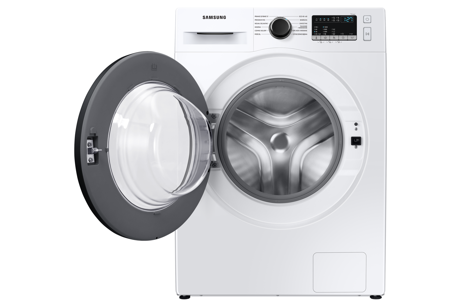 Pralka Digital Inverter Samsung WW90T4020CE/EO z otwartymi drzwiczkami.