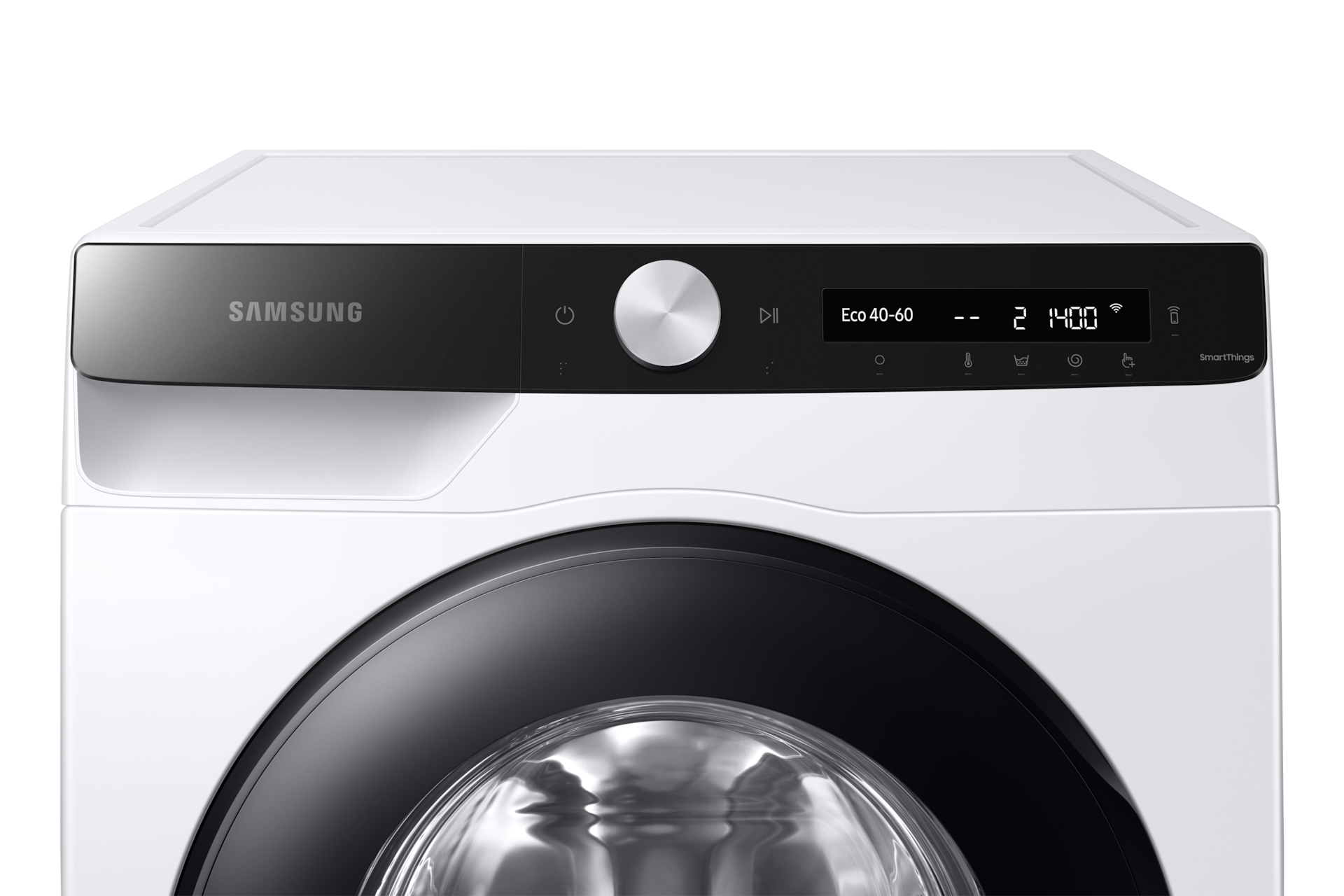 Zbliżenie na panel do obsługi nowoczesnej pralki Samsung WW90T504DAE/S6.