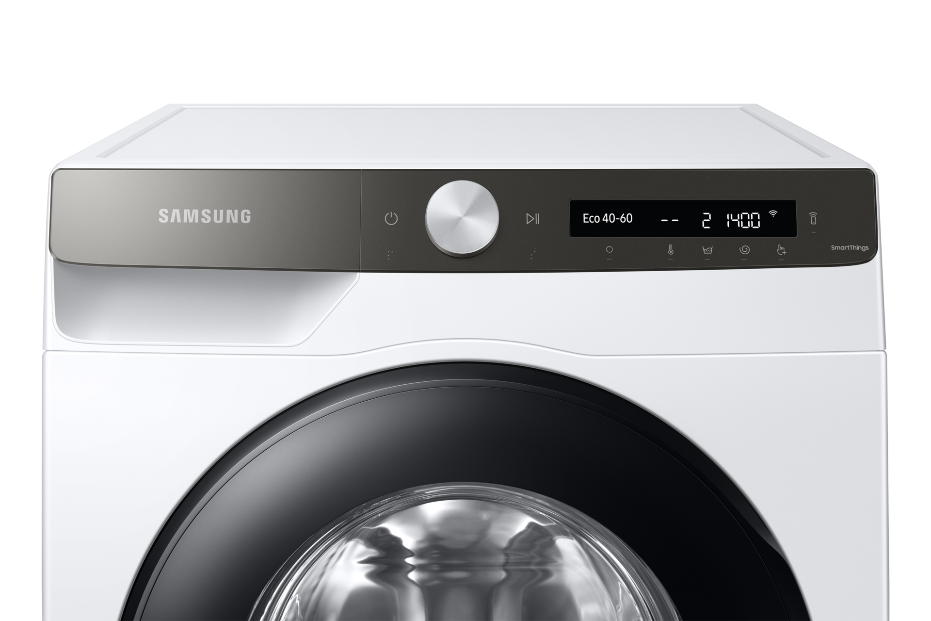 Bliższe spojrzenie na panel sterujący w pralce z funkcją pary Samsung WW90T504DAT/S6.