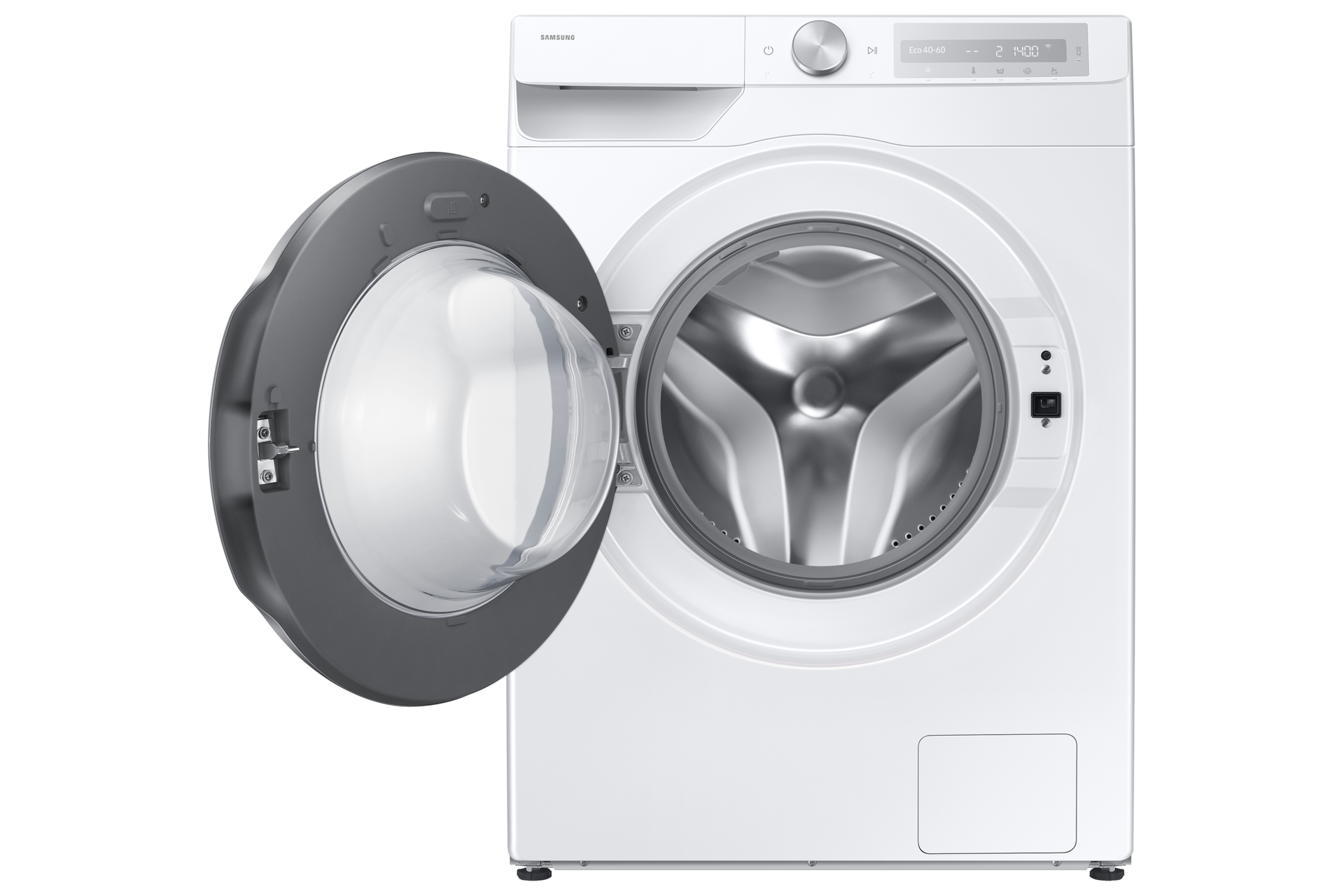 Biała pralka AI Samsung 9kg WW9MDG6U25LHU4, widok z przodu z otwartymi drzwiczkami.
