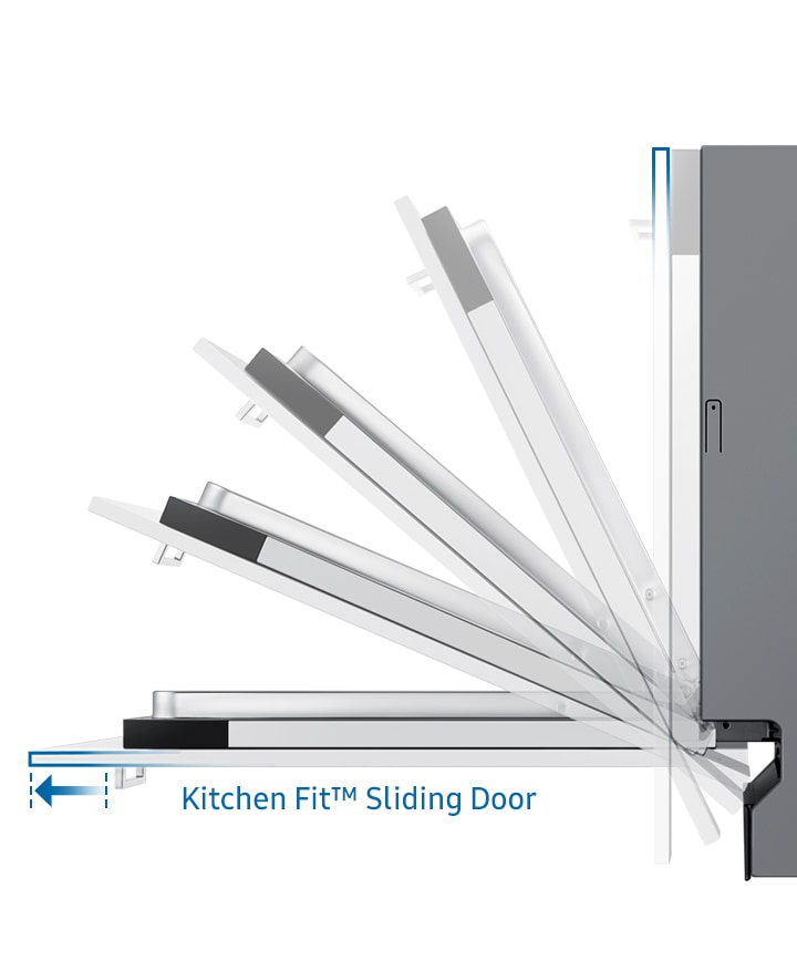تظهر صورة توضح كيف ينزلق غطاء الباب المنزلق من النوع Kitchen Fit™‎ إلى الأعلى عند فتح الباب، حتى لا يصطدم باللوحة الموجودة أسفله.