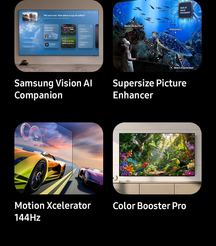 A feature overview, highlighting Samsung Vision AI Companion, Supersize Picture Enhancer, Noise Reduction, Sharpness, Black Expression, NQ4 AI Gen2 Processor, Motion Xcelerator 144Hz and Color Booster Pro.
