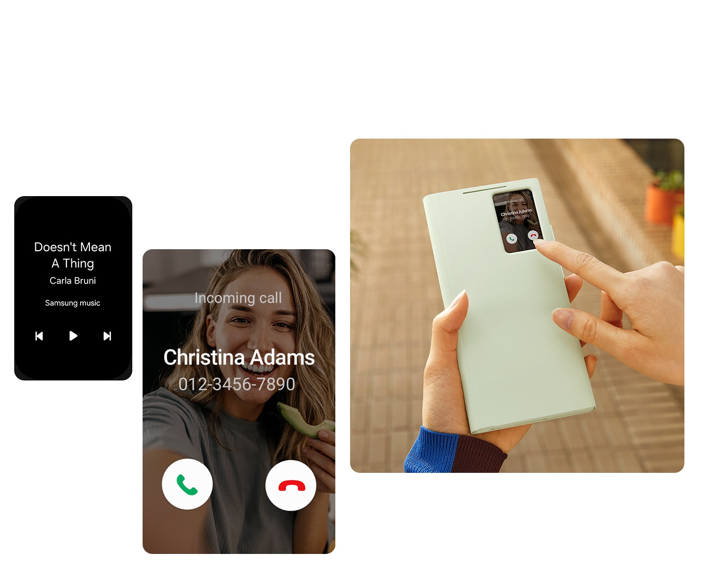 A janela S-View à esquerda mostra um ecrã com música, ao lado está um ecrã com uma chamada recebida e à direita está uma pessoa a interagir com a janela do S-View sem necessidade de abrir a capa.