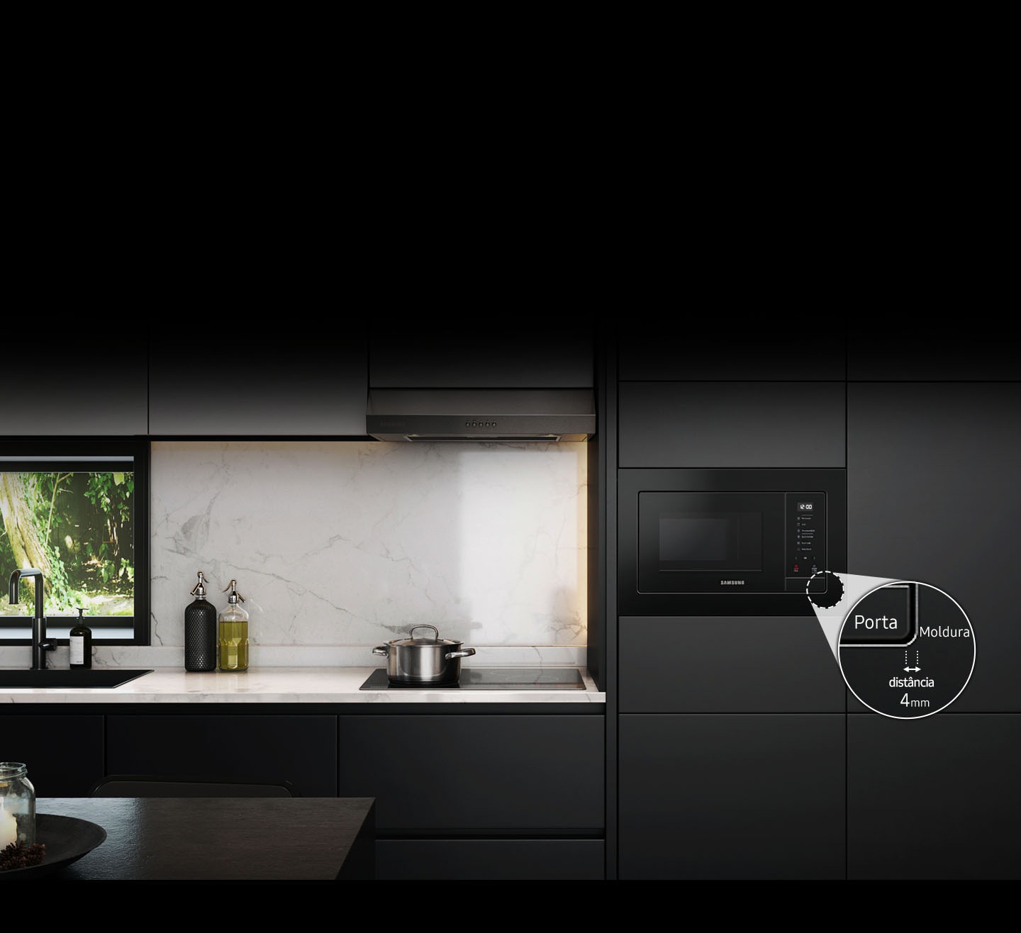 Shows the choice of stylish colors and glass trims, while highlighting the narrow 4mm gap around the seamless glass door.