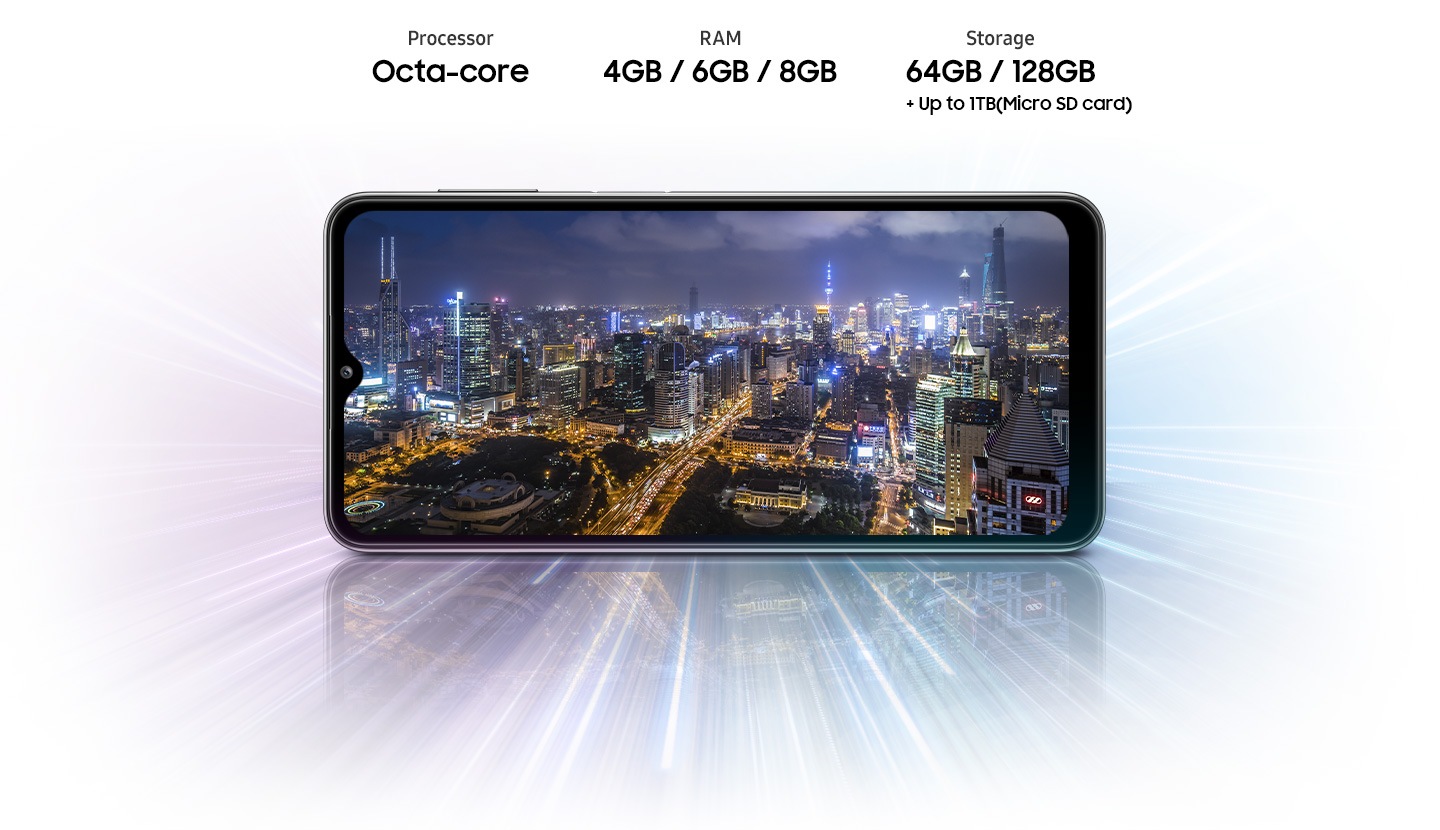 A32 5G shows night view of city, indicating device offers Octa-core processor, 4GB/6GB/8GB of RAM, 64GB/128GB of storage,up to 1TB Micro SD card.