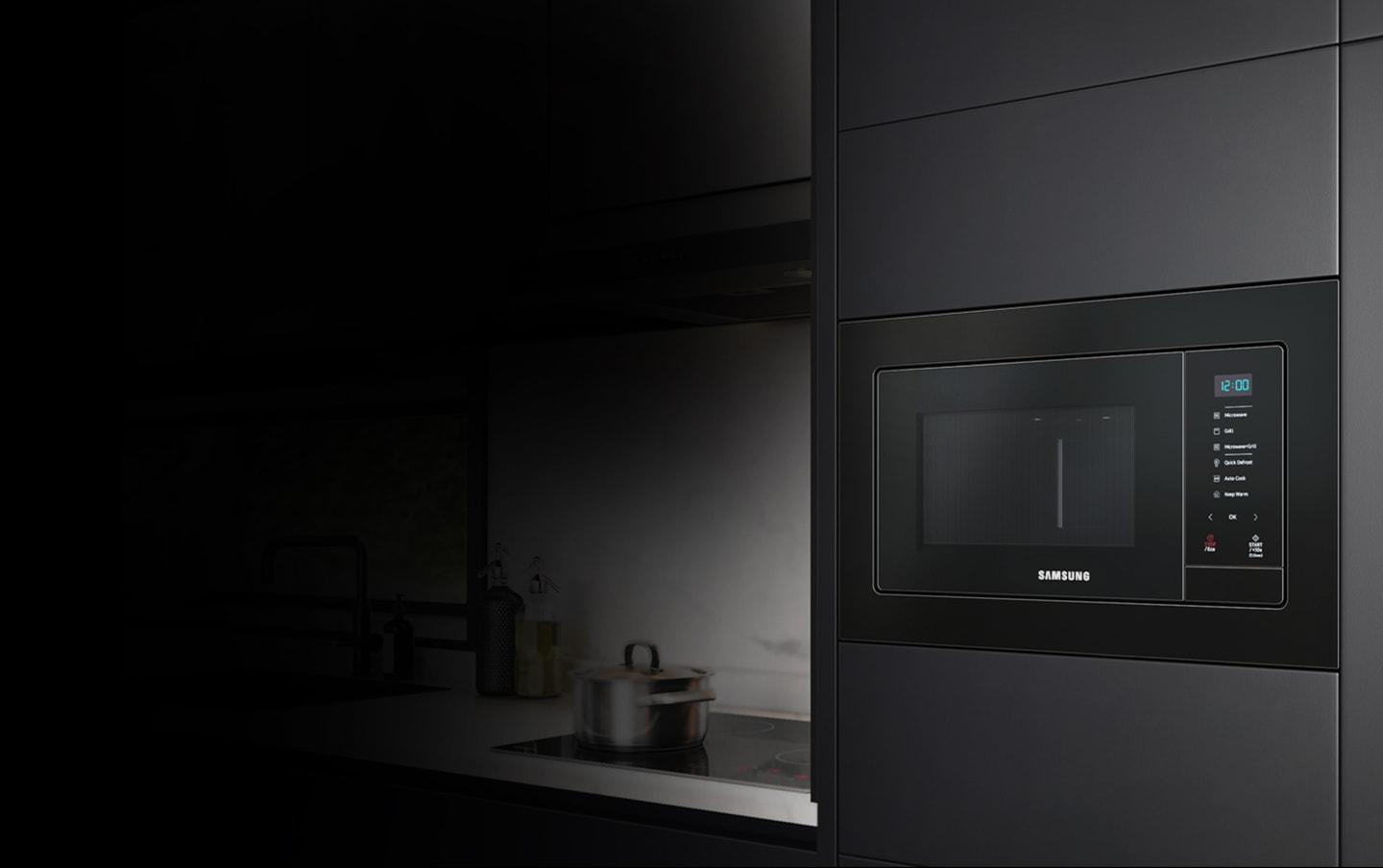 Shows how the elegant styling of the microwave oven fits seamlessly into a modern kitchen.