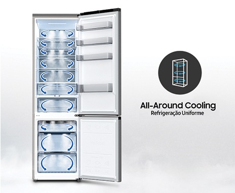 A hűtőszekrény minden belső részén kék nyilak láthatók.  Azt jelzi, hogy minden tárolóhelyen hideg levegő kering.