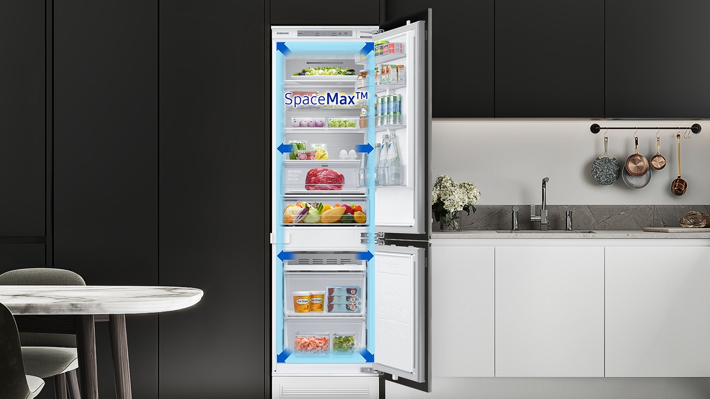 A kék nyíl azt jelzi, hogy a BRB6000M tárolótere szélesebb, mint a hagyományos hűtőszekrényé.