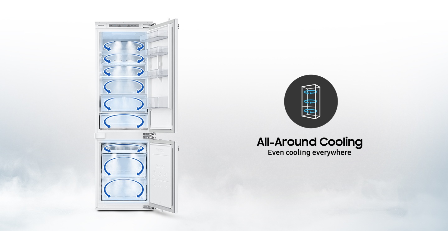 A hűtőszekrény minden belső részén kék nyilak láthatók.  Azt jelzi, hogy minden tárolóhelyen hideg levegő kering.