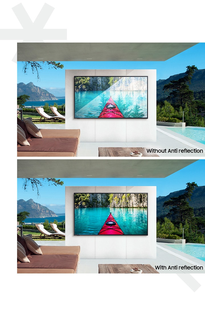 There is The Terrace TV on the wall in patio environment.