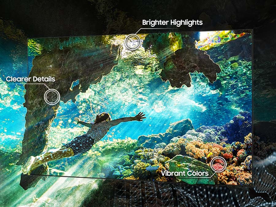 A screen is displaying a woman swimming underwater.<br>Areas with brighter highlights, clearer details and vibrant colors is emphasized.