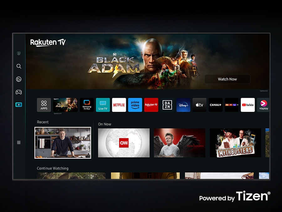 The new Smart Hub UI powered by Tizen is displayed to show a wide variety of OTT services and content being serviced.<br>