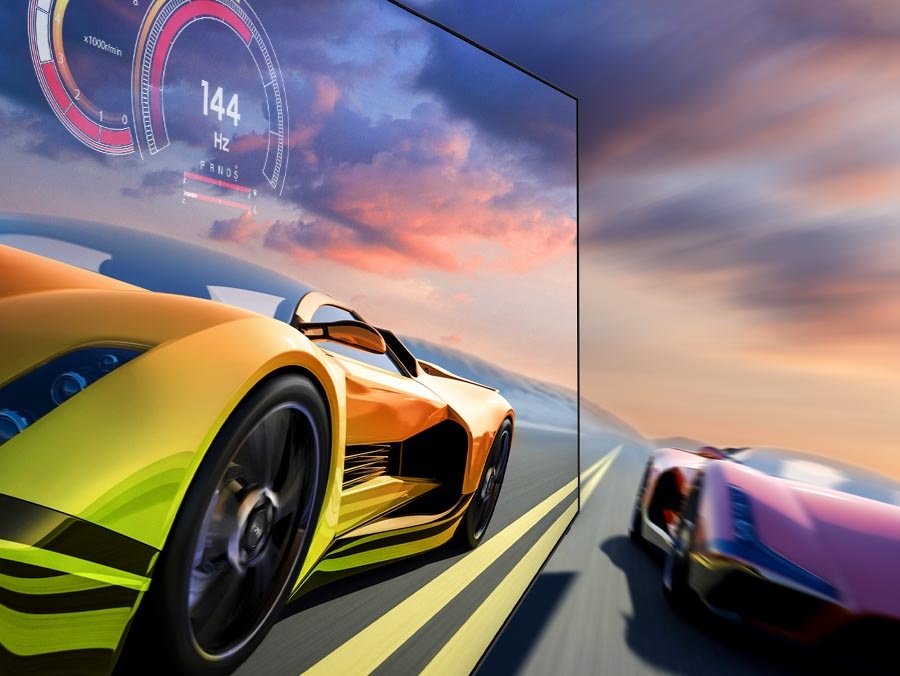2 race cars are racing on a track.<br>1 looks clearer than the other and is going faster.<br>144Hz is on display.