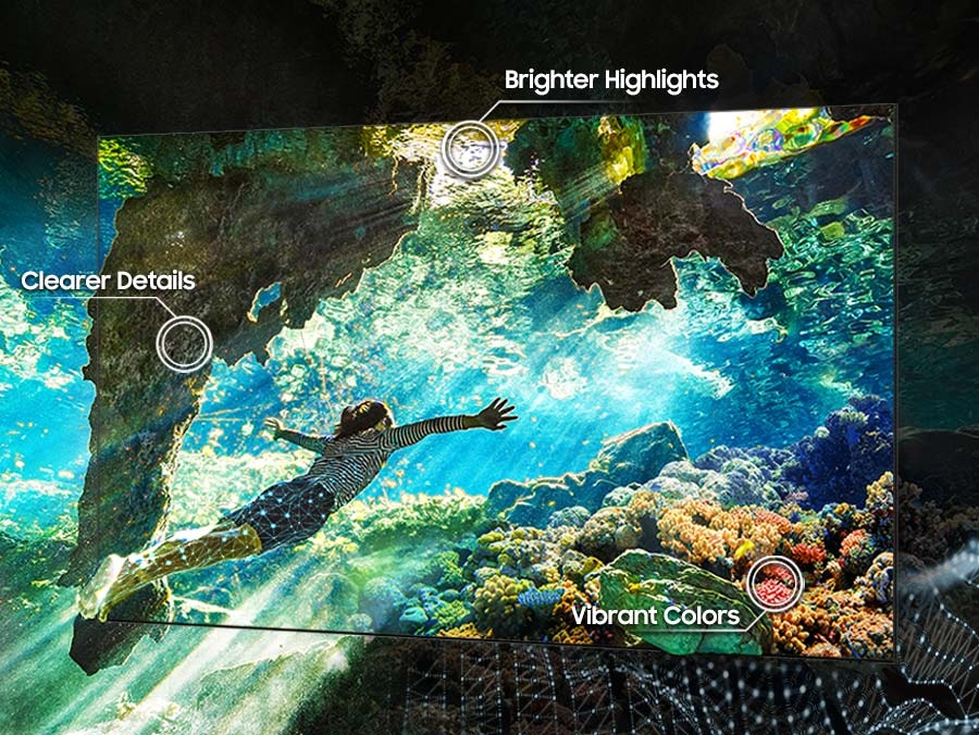 A screen is displaying a woman swimming underwater.<br>Areas with brighter highlights, clearer details and vibrant colors is emphasized.
