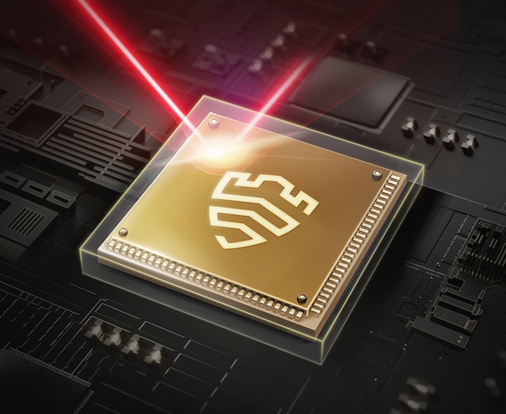A golden microchip that seems to be encased glass is shown. At the center of the microchip is the Samsung Knox Vault logo and a red laser beam bounces off the glass encasing.