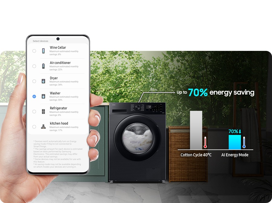 The AI ​​Energy Mode for Washer is activated by checking the mode button to 'On' and selecting the device you want to run on your smartphone. AI Energy mode does energy saving up to 70% more than the 40ºC cotton cycle.