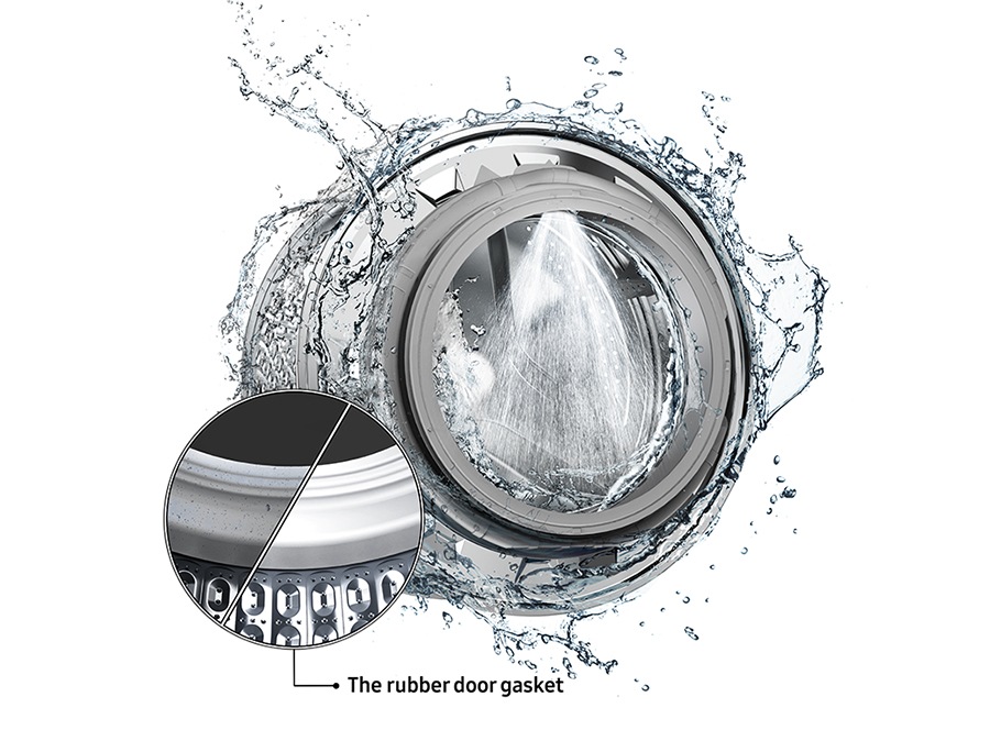 The washer drum is surrounded by clean water and water jets are cleaning the inside. Close-up of the rubber door gasket.