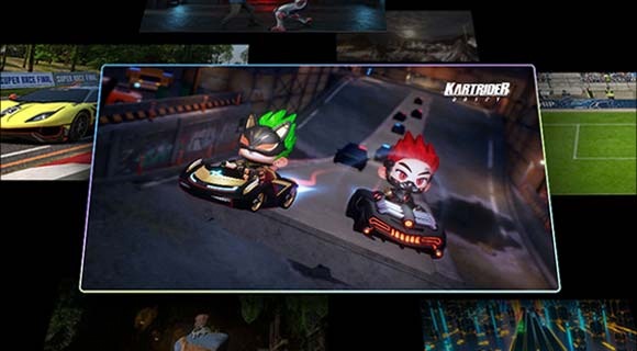 Dois pilotos do jogo KartRider Drift são mostrados num ecrã. Em segundo plano, outros ecrãs apresentam diferentes jogos.