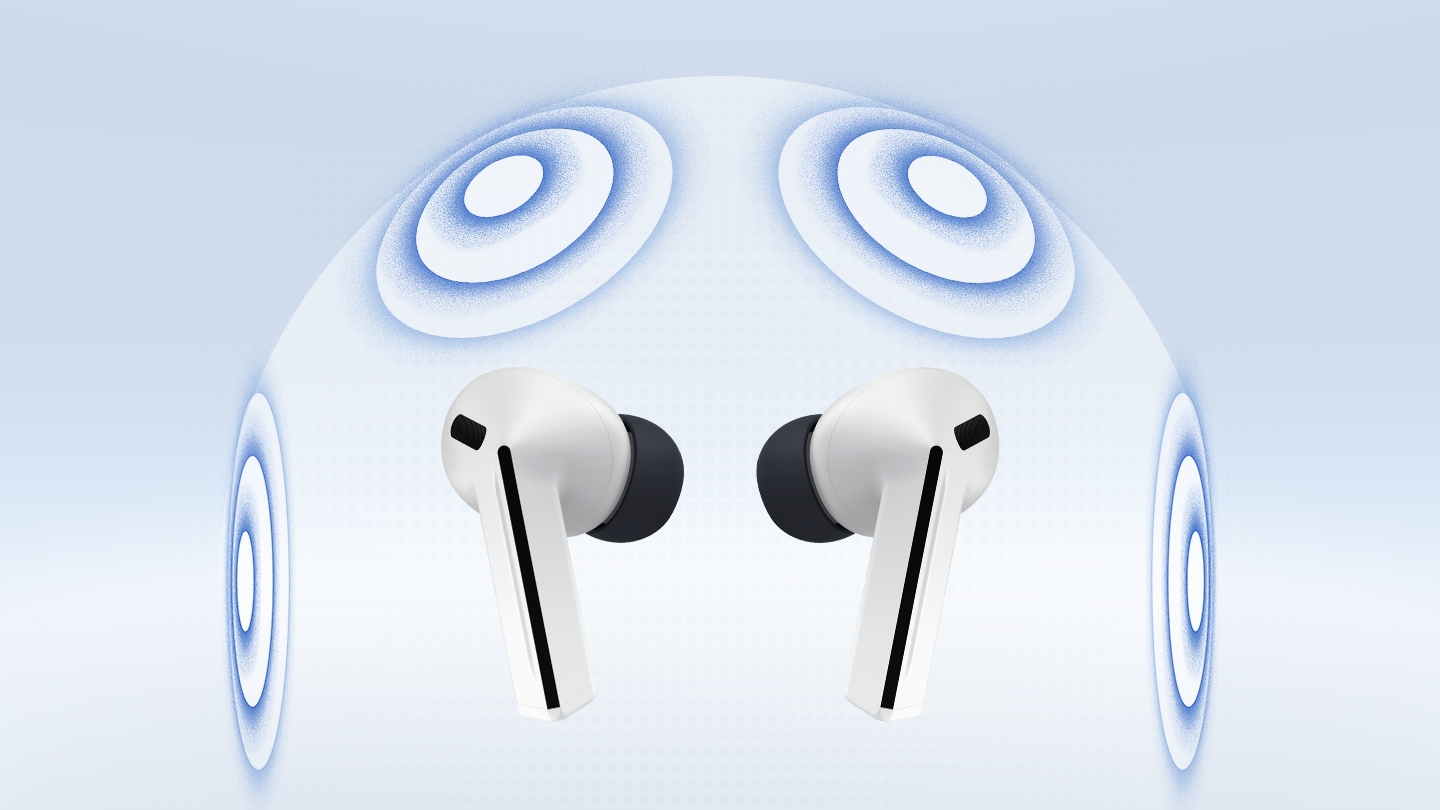 Galaxy Buds3 FE dentro de uma esfera com quatro anéis de som para representar o áudio 360.