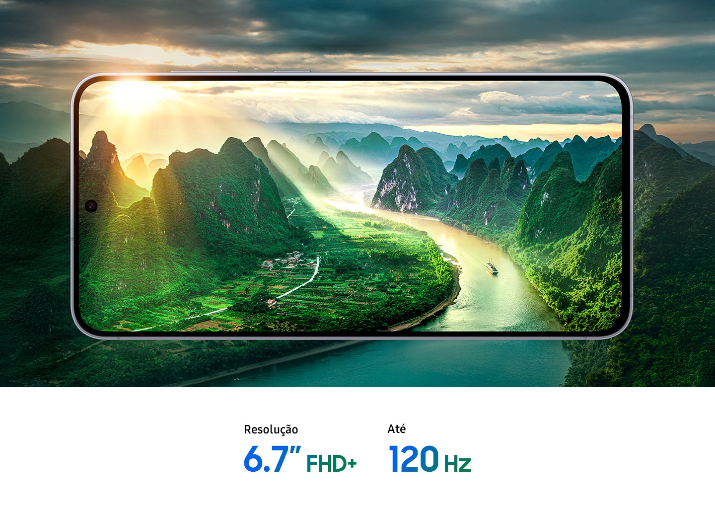 A smartphone screen shows a landscape of mountains and a river with sunlight piercing the clouds. Below, the text indicates 6.7-inch FHD+ resolution and up to 120Hz.