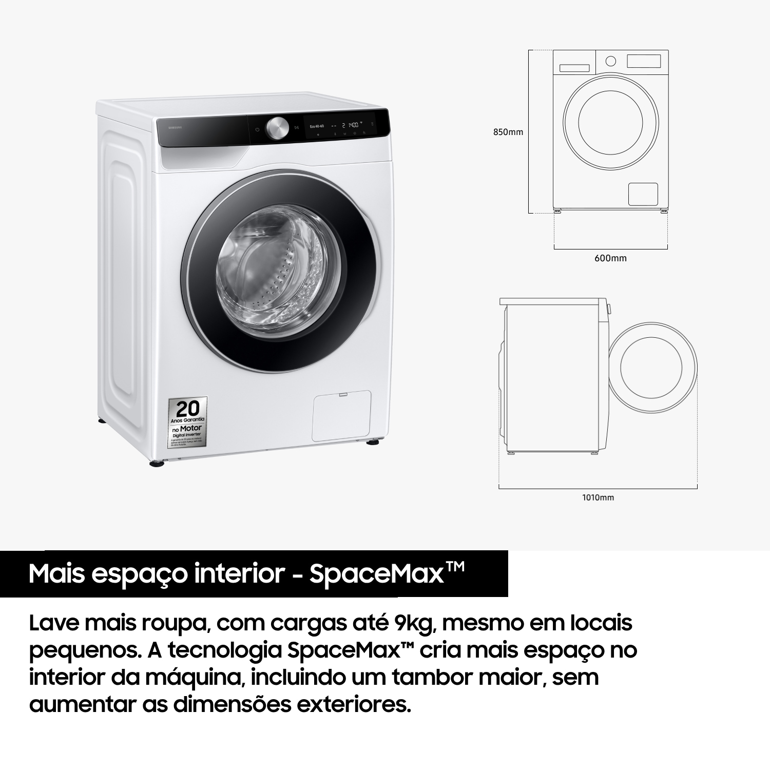 Máquina de Lavar Roupa 9kg AI EcoBubble™, Dispensador L-Perspective White 