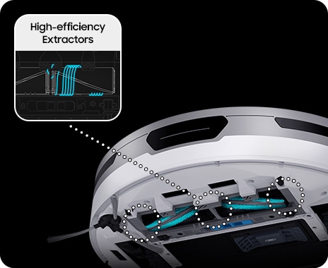 La parte inferior de JetBot muestra un cepillo de autolimpieza y un primer plano de sus extractores muestra un corte fino de pelo para evitar enredos.