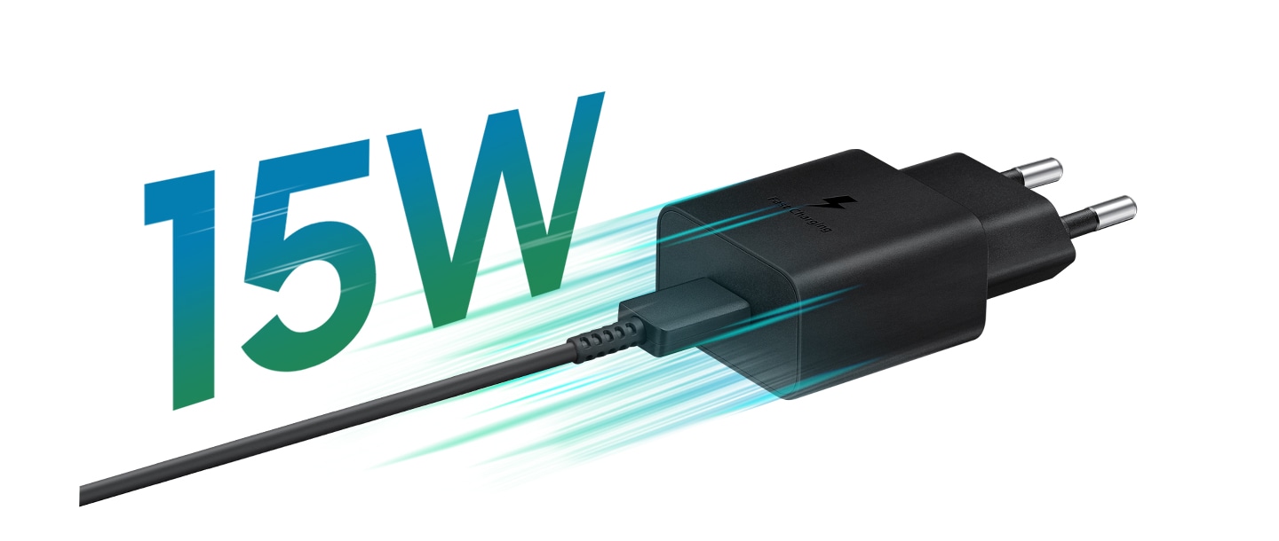 Un adaptador USB tipo C negro tiene rayas verdes alrededor que indican carga rápida. El texto 15W está encima del cable en verde.