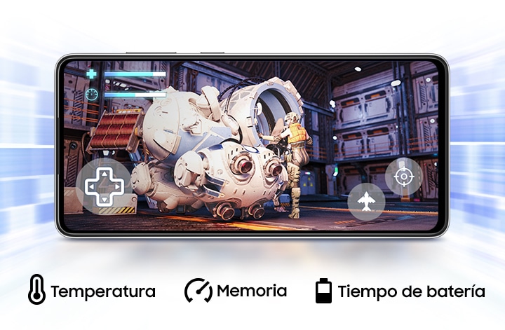 Galaxy A72 con un juego y descripciones de sus caracteristicas