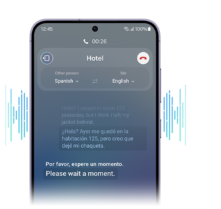Una llamada telefónica es interpretada en tiempo real. El diálogo se muestra en pantalla como una conversación de texto en dos idiomas.