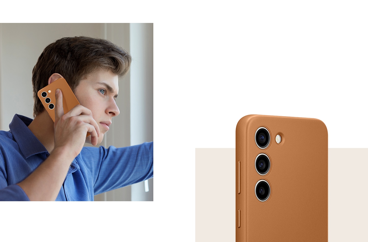 Мъж удобно държи телефон Galaxy S23 с кожен калъф близо до лицето си. Следва близък план на гърба на кутията на телефона.