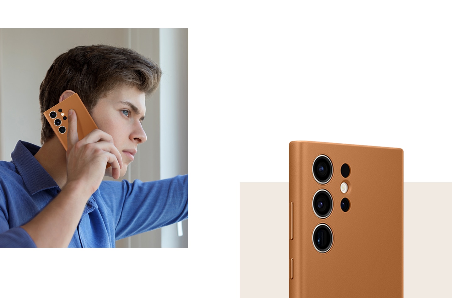 Мъж удобно държи телефон Galaxy S23 Ultra с кожен калъф близо до момичето. До него е близък план на гърба на кутията на телефона.