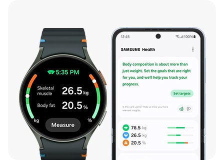 Un Galaxy Watch7 care afișează compoziția corporală, cu un buton Măsurare și smartphone-ul Samsung Galaxy asociat, care afișează un ecran țintă BIA ce oferă detalii și informații suplimentare.