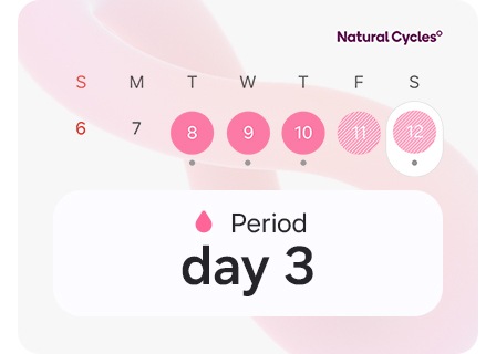 Calendarul Cycle Tracking care prezintă datele perioadei cu textul „Ziua 3” și o siglă Natural Cycles.