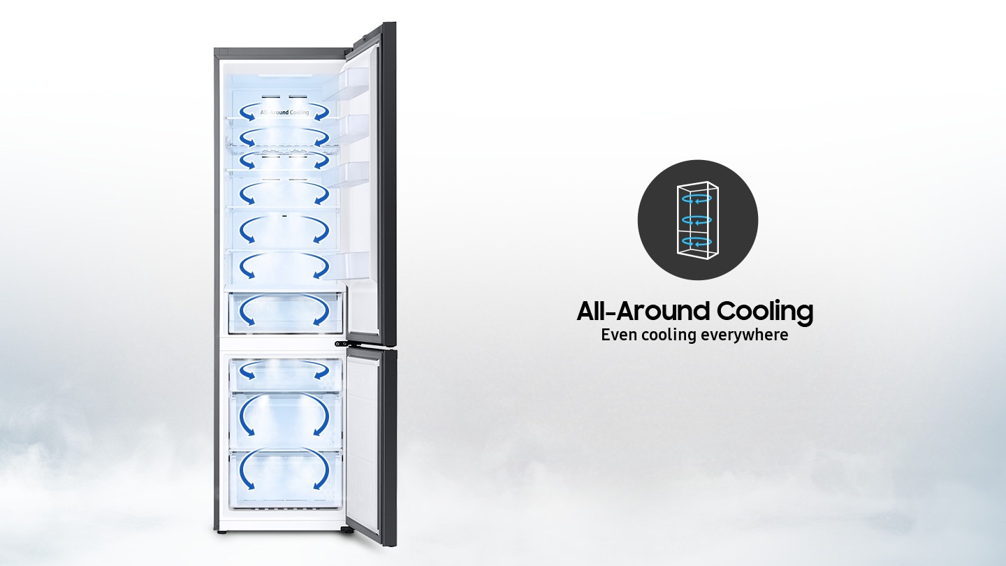 The door of the RB7300 is open to reveal the interior, and the arrows indicate the spread of cool air throughout. Along with the All-Around Cooling icon, it is written 