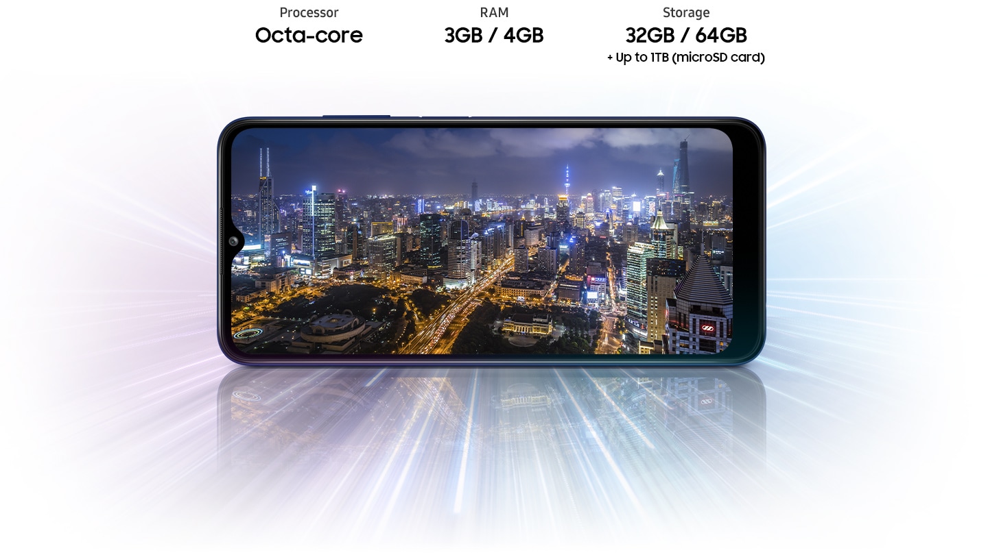 Galaxy A03s prezintă panorama nocturnă a orașului, indicând că dispozitivul oferă procesor Octa-core, 3GB/4GB RAM, 32GB/64GB cu stocare până la 1 TB.