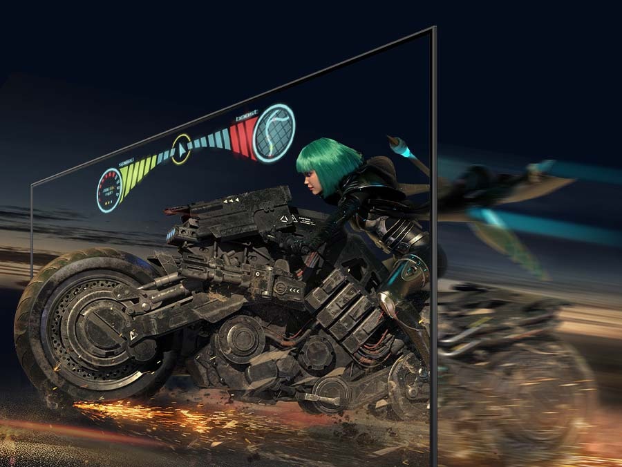 Жіночий персонаж їде на мотоциклі по екрану плавно, що забезпечує чітке зображення.