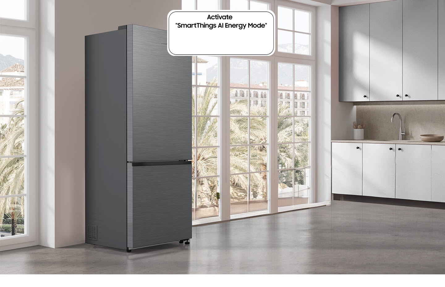 RB6000D installed in the kitchen with the Activate “SmartThings AI Energy Mode” button ON. The refrigerator's AI is activated to check internal food and manage the compressor, and a graph shows the UP to 15% Energy Saving effect when in AI Energy Mode compared to Normal mode.